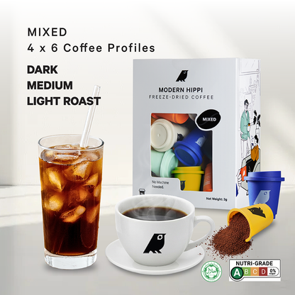 Hippi Coffee Mixed Variety (24 Pods) | Freeze-Dried Coffee | Premium Instant Coffee | Hot Or Cold | Specialty Arabica Beans