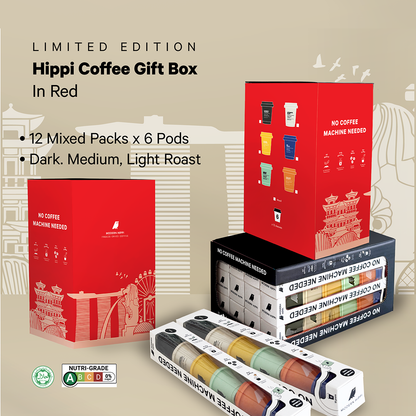 Hippi Coffee Gift Box in Red Sleeve | 12 Starter Packs x 6 Coffee Pods | Premium Instant Coffee | Hot Or Cold