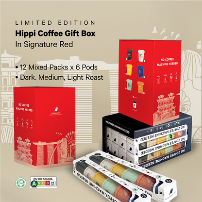 Hippi Coffee Gift Box in Red Sleeve | 12 Starter Packs x 6 Coffee Pods | Premium Instant Coffee | Hot Or Cold