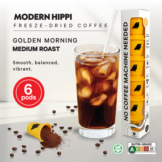 Modern Hippi Freeze-Dried Coffee | Golden Morning Starter Pack (6 Coffee Pods) | Premium Instant Coffee | Hot Or Cold | Medium Roast | Free Shipping!